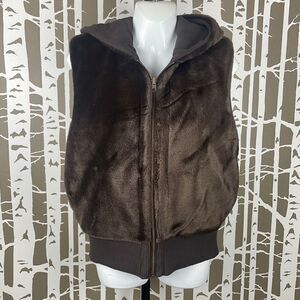 Faux Fur Reversible Hooded Zip Front Vest S M Chocolate Brown